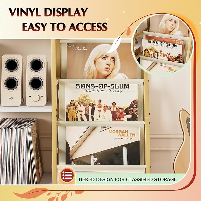 Record Player Stand, Turntable Stand with 3-Tier Vinyl Record Storage, Record Player Table 200 Albums, End Table with Vinyl Display Holder Shelf, Record Player Cabinet Media Console for Stereo,Gold
