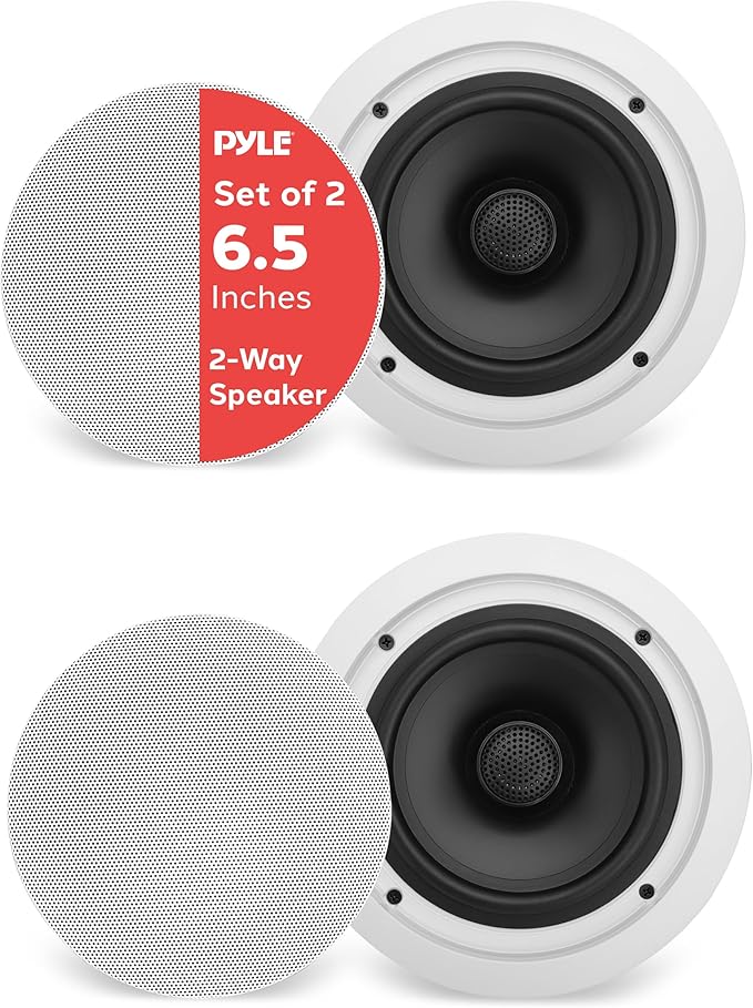 Pyle 6.5” 70v Ceiling Mount Speakers-Pair of 2-Way Midbass Woofer Speaker Transformer 1” Titanium Dome Tweeter Wall Flush Design w/ 65Hz-22kHz Frequency Response&250 Watts Peak-Pyle PDIC60T,White