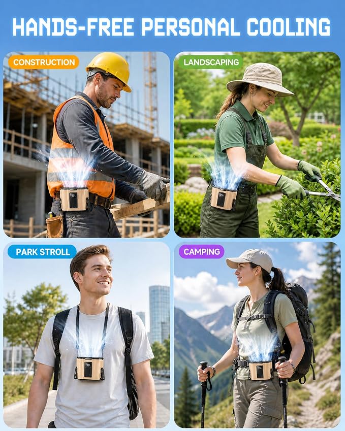 Portable Personal Fan: 3-Motor Hands-Free Waist Fan with 12,000mAh Battery & 5-Speed Airflow – Powerful Cooling for Construction Sites, Camping, Hiking & Travel-Belt Fan-Brown