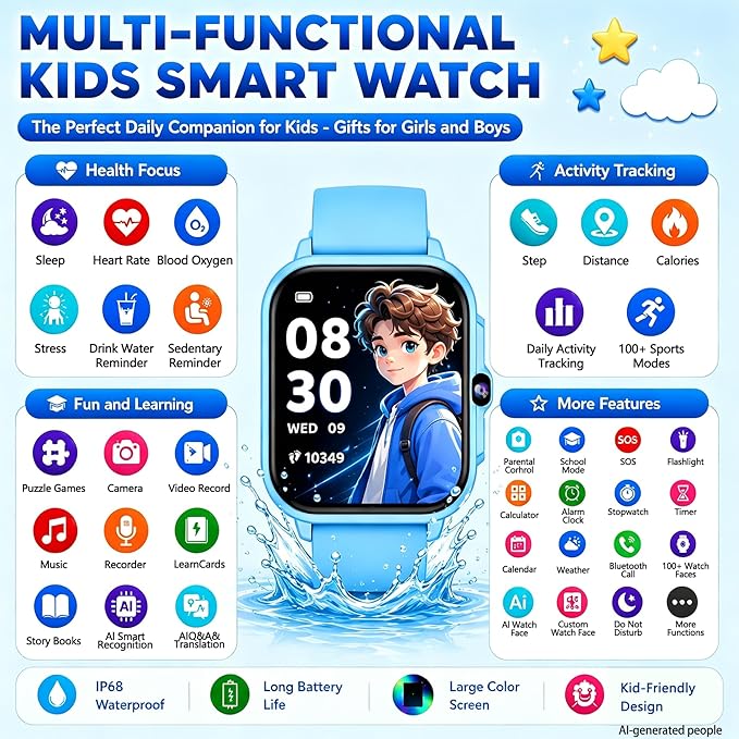 Smart Watch for Kids, 1.85" Fitness Tracker with Camera, Game, Music, SOS, AI, Alarm Clock, Video,Parent Control, 24/7 Heart Rate Sleep Monitor, 100+ Sport Modes, IP68 Waterproof, Gifts for Boys Girls