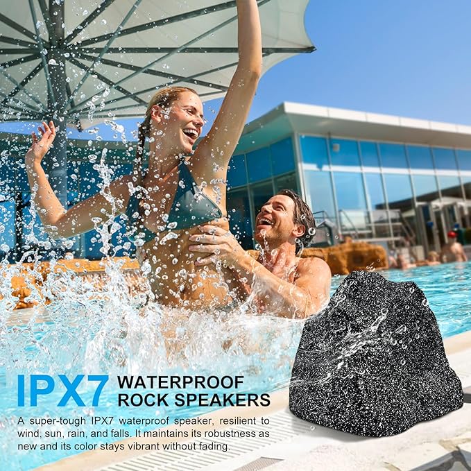 Herdio Outdoor Rock Bluetooth Speakers Wired IPX7 Waterproof 200 Watt Resin Material All Weather for Deck Pool Backyard Patio Garden BBQ (1 Pair Black)