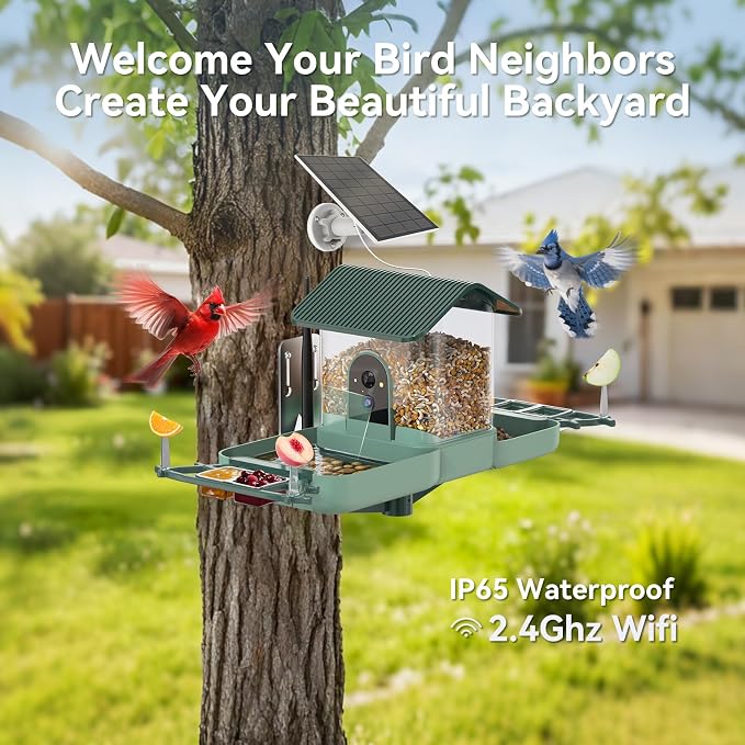 Dual-Lens Bird Feeder with Camera & Bird Bath Combo, Watch Birds Eat & Bathe with WiFi 2K HD Video, Auto Record, AI Recognition, APP Alerts, Solar Powered, for Backyard Garden Porch Fence Decor