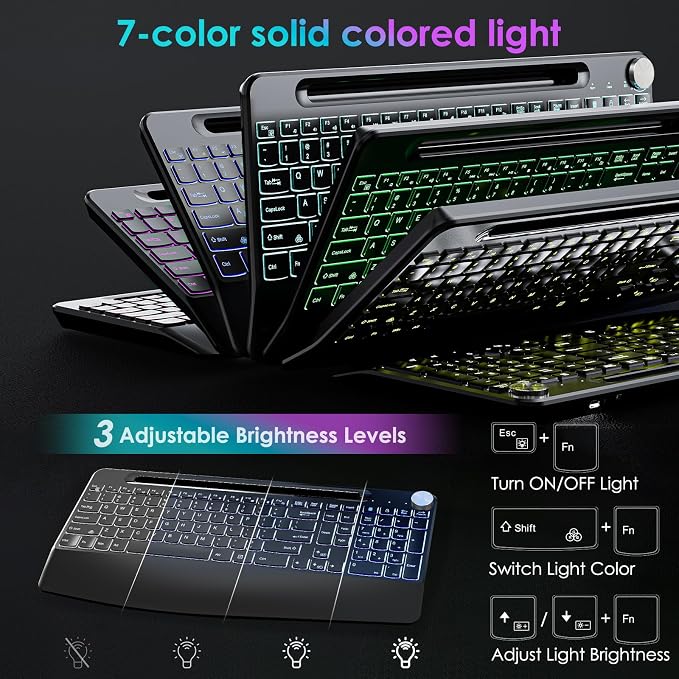 2.4G Wireless Keyboard with Mouse, Backlit Wireless Keyboard Mouse Combo,Rechargeable,with 7 Colored Backlits &Phone Holder &Wrist Rest &jiggler Mouse.Lighted up Full Size for Mac Windows Laptop PC