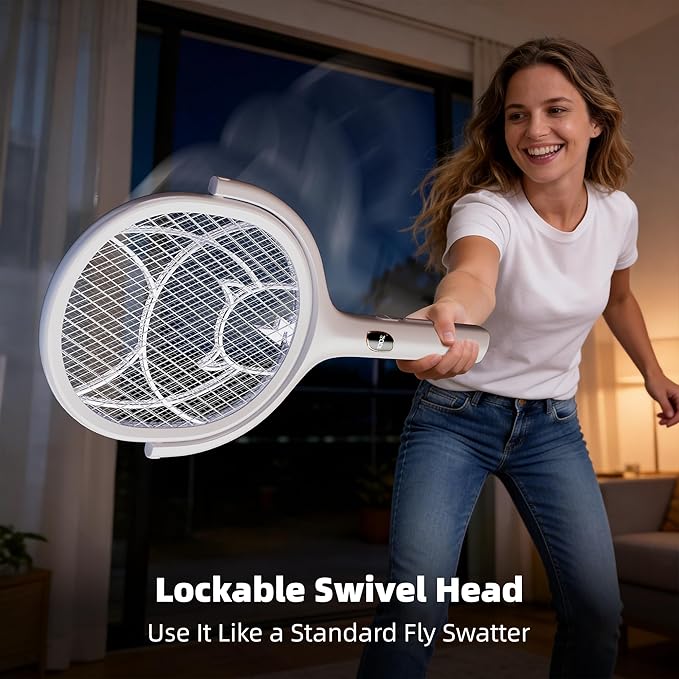 Nymrix Electric Fly Swatter Racket with Rotating Head & Telescopic Handle, 2-in-1 Bug Zapper, 4100V Rechargeable Mosquito Killer with 2600 mAh Battery for Indoor & Outdoor Use (White,2 Pack)