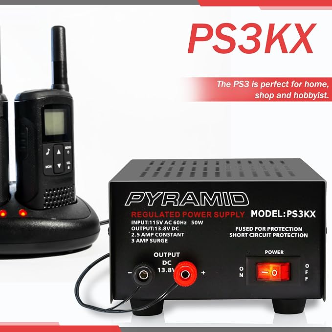 Pyramid Universal Compact Bench Power Supply - 2.5 Amp Linear Regulated Home Lab Benchtop AC-to-DC 12V Converter w/ 13.8 Volt DC 115V AC 50 Watt Power Input, Screw Type Terminals, Cooling Fan PS3KX