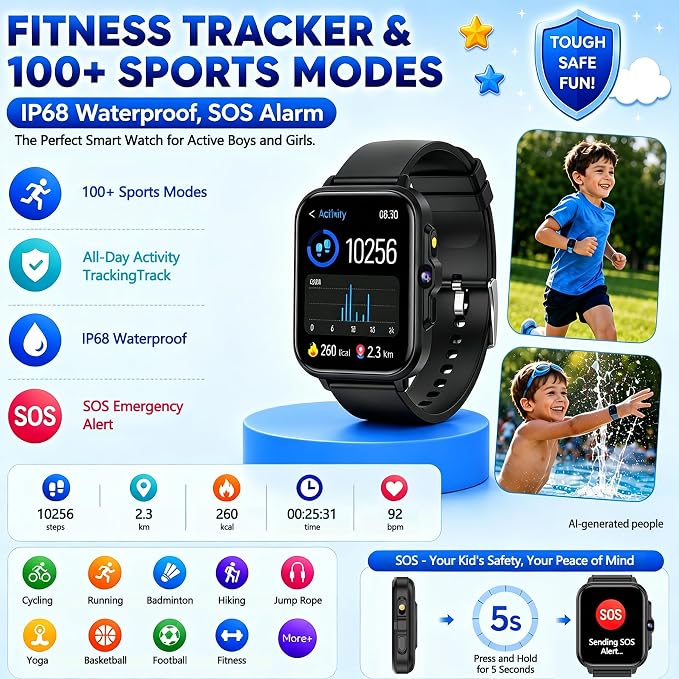 Smart Watch for Kids, 1.85" Fitness Tracker with Camera, Game, Music, SOS, AI, Alarm Clock, Video,Parent Control, 24/7 Heart Rate Sleep Monitor, 100+ Sport Modes, IP68 Waterproof, Gifts for Boys Girls