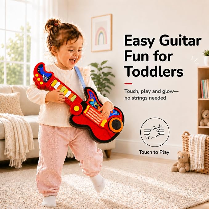 Toddler Guitar Toy for Boys & Girls 1-3, 4-in-1 Touch & Play Kids Guitar Piano Musical Toy with Projector Light, Drum, Lullabies & Volume Control, First Guitar Birthday Gift for Kids & Babies Ages 1-5