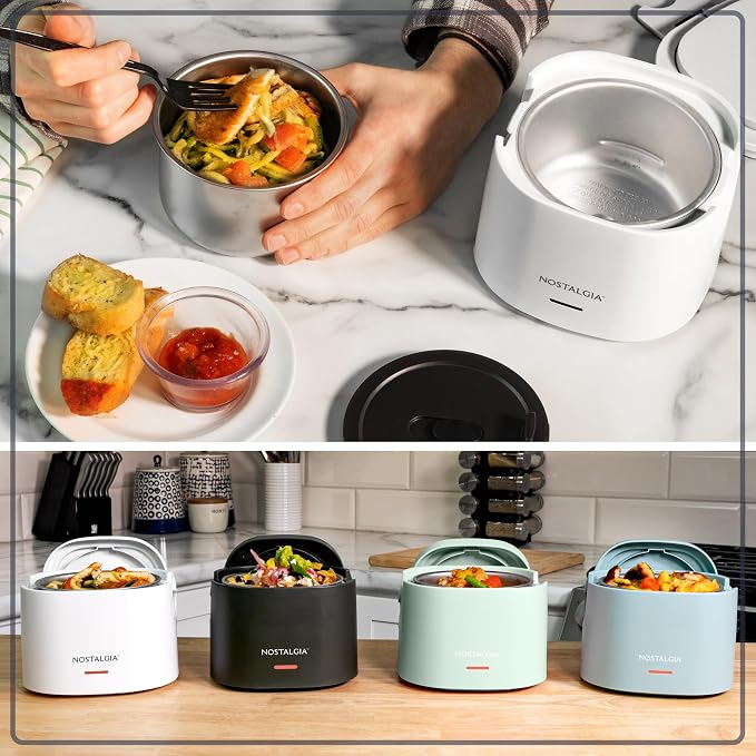 Nostalgia Portable Heated Lunch Box – 2.5-Cup Stainless Steel Food Warmer – Detachable Cord, Leak-Proof Lid, Carry Handle – Portable for Work & Travel – Frosted White