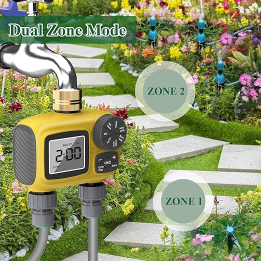 150FT Drip Irrigation System Kit with 2 Zone Water Timer for Garden,High-Flow Mainline Automatic Watering System,16PCS Adjustable Nozzles,Fast-Plug Tube for Agricultural Yard,Lawn,Greenhouse
