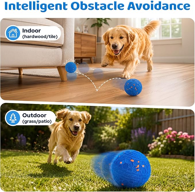 Smart Interactive Dog Ball Toy, Self Rolling Bouncy Ball for Medium and Large Dogs, Durable E-TPU Herding Ball with Auto Movement, IPX65 Waterproof & Washable Shell, Type-C Charging - Blue