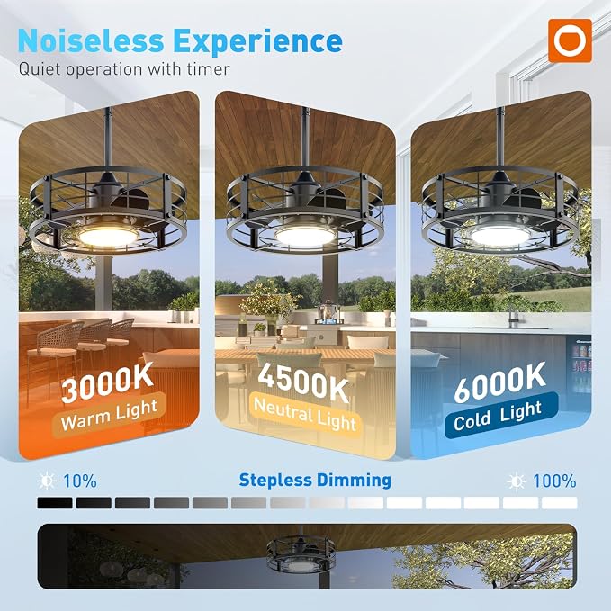addlon 20 Inch Outdoor Ceiling Fans with Lights, IP65 Waterproof Plug in Caged Hanging Fan for Gazebo, Remote Control, 3 CCT, 6 Speeds Reversible Outdoor Fan for Patio, Pergola, Porch
