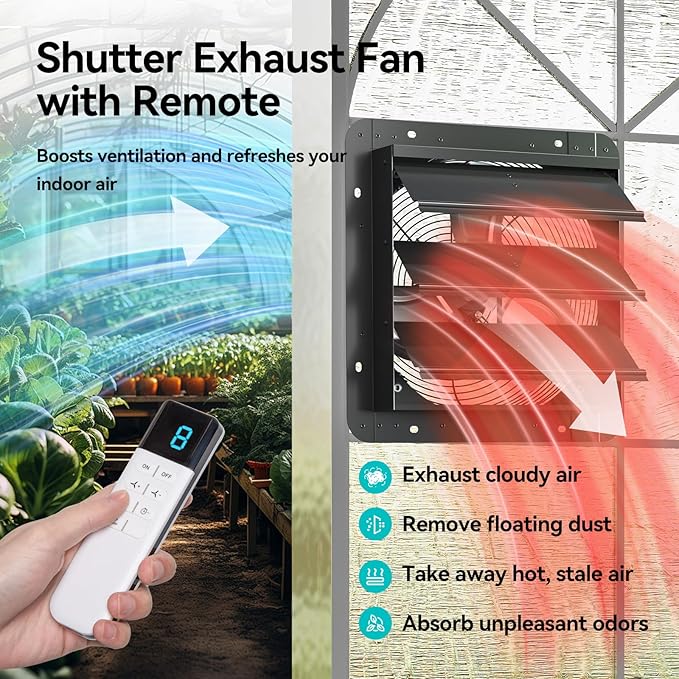addlon 16 Inch Shutter Exhaust Fan Wall Mounted with 60W EC Motors and Remote Control,1700CFM, Timer, 8 Speeds, Low Noise, Easy to Install, Plug in Ventilation Fan for Garages, Shops, Greenhouse, Shed