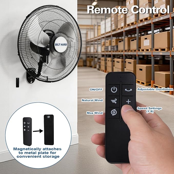 BILT HARD 20" 5200 CFM Wall Mounted Fan with Remote Control, 9-Speed Oscillating Wall Fan with DC Motor, High Velocity Whisper-Quiet Industrial Shop Fan for Garage, Warehouse
