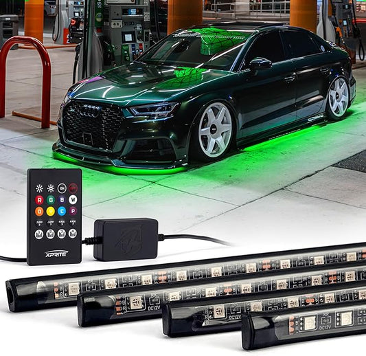 Xprite Car Underglow Neon Accent Strip Lights, 4Pcs RGB 252 LEDs Underglow Kit with Sound Active Function Music Mode & Wireless Remote, Exterior Car Lights Underbody Lighting for Car Van SUV Truck