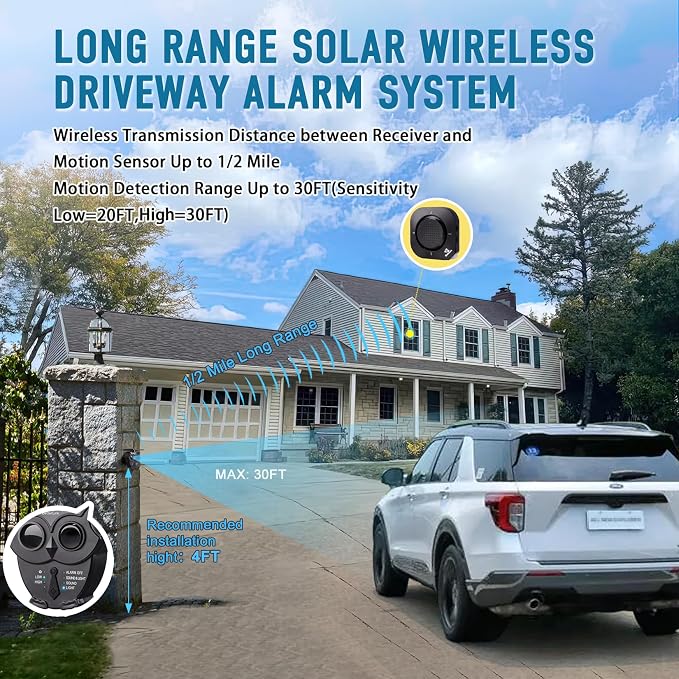 Driveway Alarm Systems Weatherproof Outdoor Motion Detector & Sensor with120dB Siren, Sound and Light Alert Systems Makes it Easy to Monitor & Protect Outdoor/Indoor Property(2R2S)
