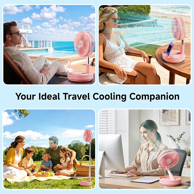 Belife X8 Portable Fan, 7200mAh Battery Powered Rechargeable, Oscillating USB Desk Floor Fan with Remote, Foldable Telescopic Fan for Home Bedroom Sleeping Office Camping Travel, 7.7" (Pink)