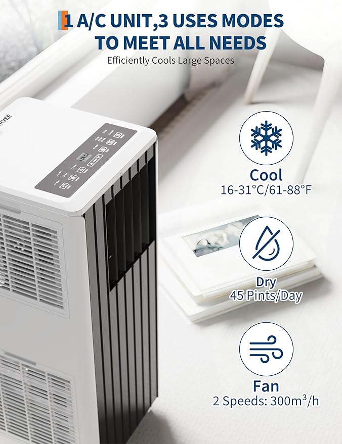 8000 BTU Portable Air Conditioner - 3 in-1 AC Unit Cools 350 Sq. Ft Rooms, Quiet 50 dB Operation w/Touch Control & Remote, Includes Window Kit & 24H Timer, Dehumidifier & Fan Modes for Bedroom, Black