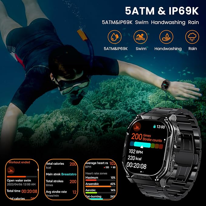 AMAZTIM Smart Watch with GPS - Rugged Outdoor Fitness Watch, 170+ Sports Modes, 5 ATM Waterproof, 1.96" AMOLED, Answer/Make Calls, Android & iOS Compatible (2 Straps)