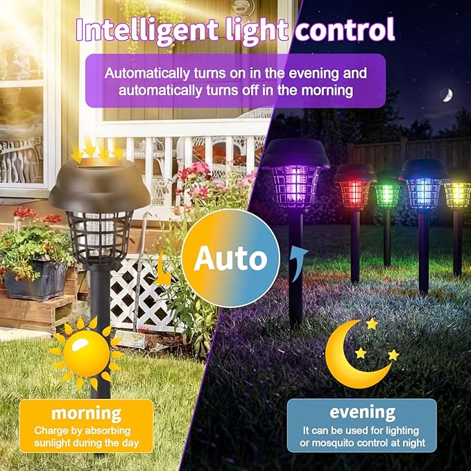 4 Pcs Solar Bug Zapper Outdoor Waterproof Mosquito Repellent Light Solar Power Fly Killer Lamps for Moths, Gnats, Fly, Small Flying Insect Backyard Garden Lawn (Plastic,Purple & Colored Light)