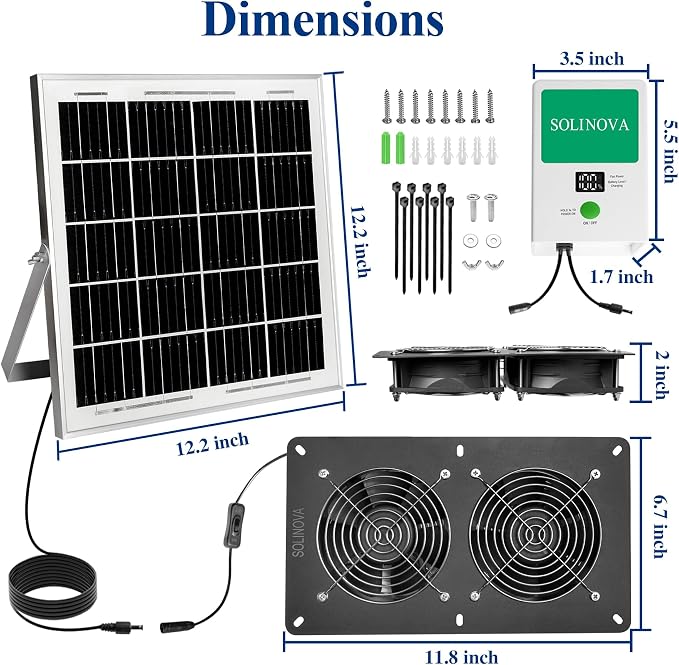 Solar Exhaust Fan, 25W Solar Panel and Solar Powered 2-Fan with 7500mAh Battery, IP68 Waterproof, for Chicken Coop, Shed, Greenhouse, Dog House, 2 Pcs Ventilation Vent Fan, with Bracket for Shed