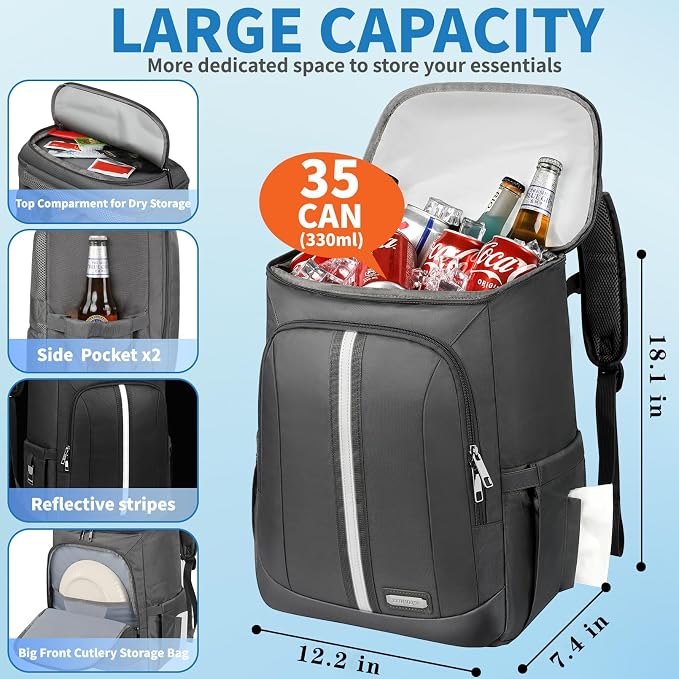 Cooler Backpack for Women Men,Insulated Backpack Cooler Leakproof Double Deck Work Lunchboxes Cooler Bag,Hot and Cold Thermal Backpack with Reflective Stripes