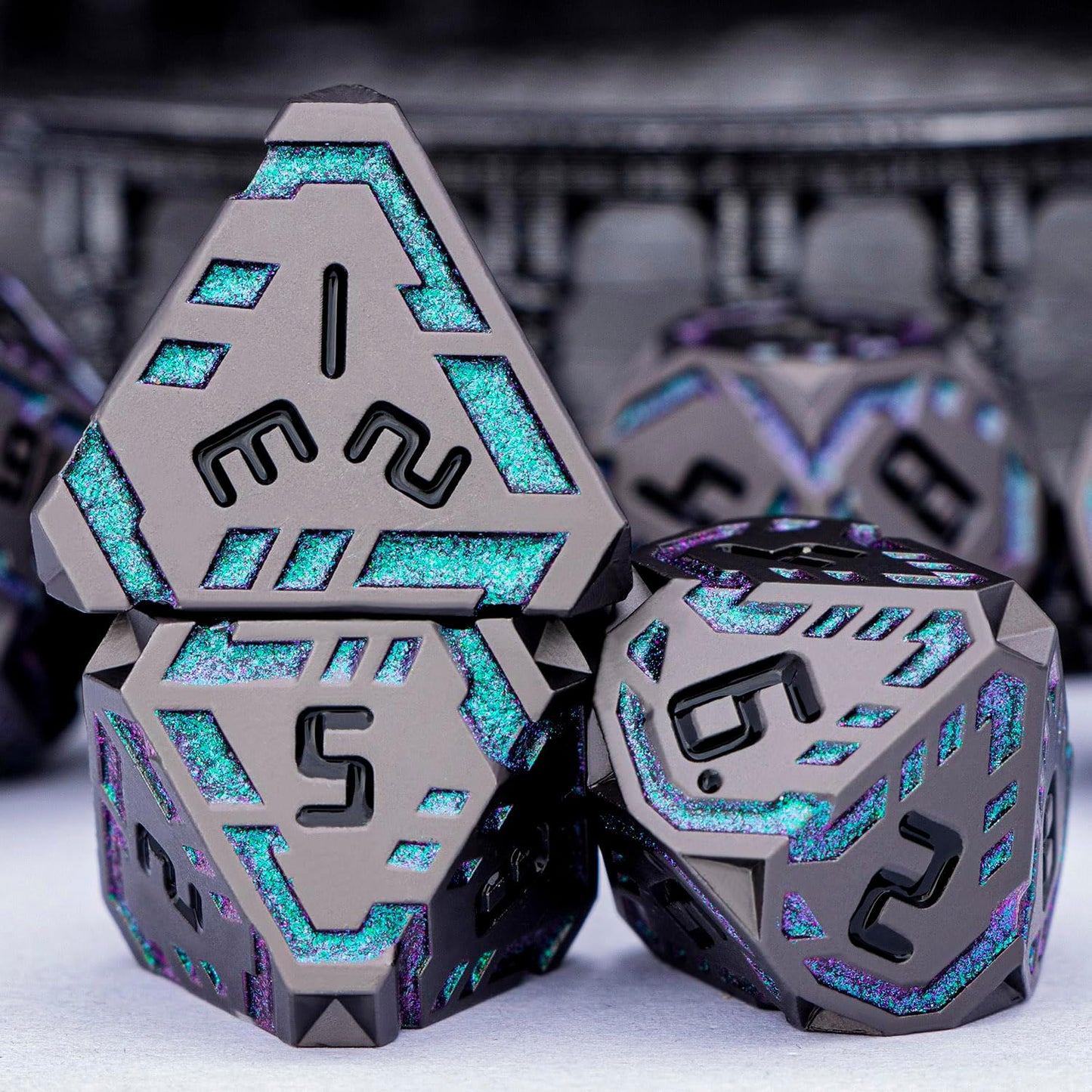 Metal DND Sci-fi Dice Set 7PCS Stripe Polyhedral Dice for Dungeons Dragons RPG Role Playing Game, Glitter D and D Dice with Gift Box D6 D8 D10 D12 D20 (Black&Green Purple)