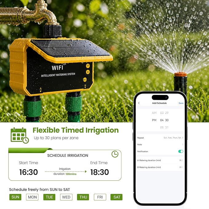 Sprinkler Timer, Solar WiFi Water Timer for Garden Hose, 2 Zone Water Sprinkler with Rain Sensor and Manual Mode via APP/Voice Control, Automatic Irrigation Control System for Lawns, Yard and Pool