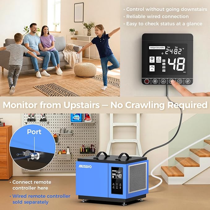Aiusevo Crawl Space Dehumidifier Remote Controller fits models AS600,AS610, 32.8ft Cable, Digital Humidity, Temperature, Timer, Adapt Humidity Level for Basement Commercial Dehumidifier