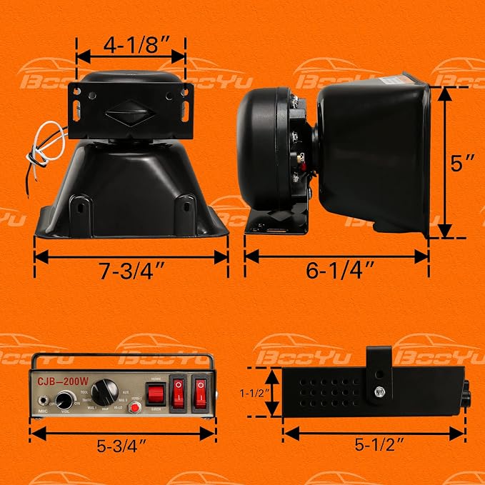 9 Tones Police Emergency PA Siren System 12V 200W [Rectangle Speaker][125-135dB][Handheld Microphone][Hands-Free][2 x 10A Switches] for Firefighter Ambulance Vehicles Truck SUV ATV UTV