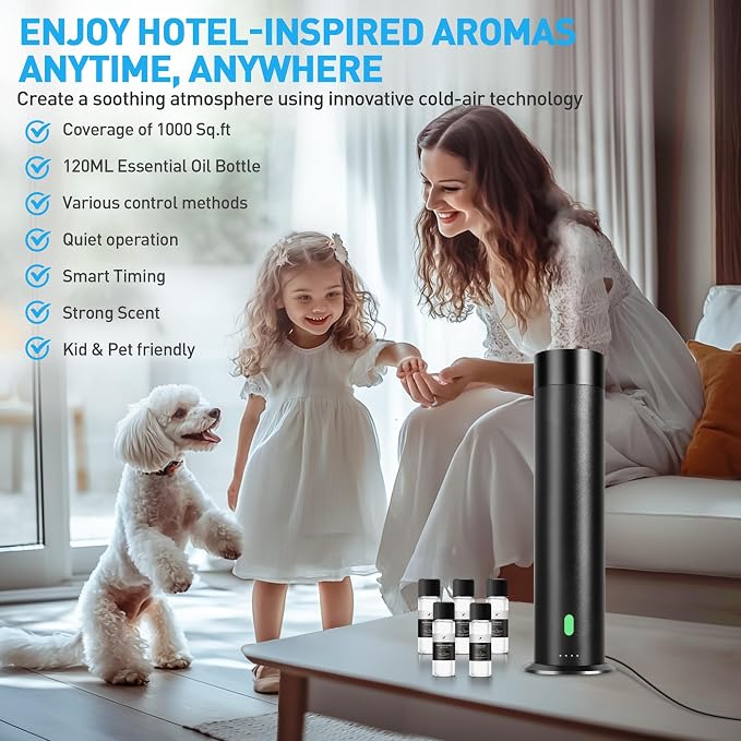 Waterless Scent Diffuser Starter Kit - 1000 Sq Ft Coverage, Hotel Scent Diffuser, Essential Oil Diffuser for Home & Large Room, Included 5 Scent Oils, Remote Control, Black, 11In