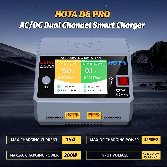 HOTA D6 Pro RC Battery AC200W DC 325W Dual RC Charger 15A Balance Charger for RC 1S 2S 3S 4S 5S 6S Lipo Batteries LiHv Nicd NiMH Battery Charging RC Car, Boat, FPV Race Drone Parts