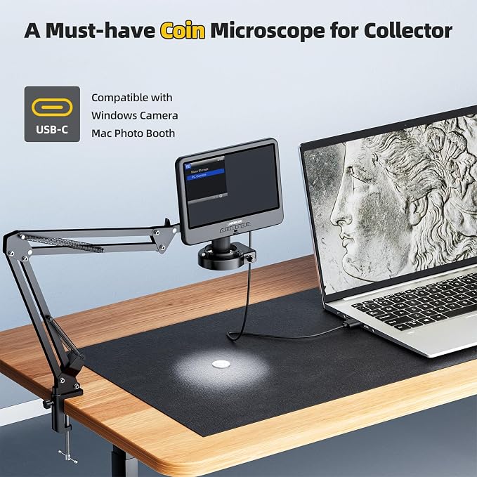 LM109A 10.1'' Digital Microscope with Flex Arm Stand, Soldering Microscope for Adults Electronics, 56 LED Ring Light, Full View Coins Camera Magnifier 260X, PC View