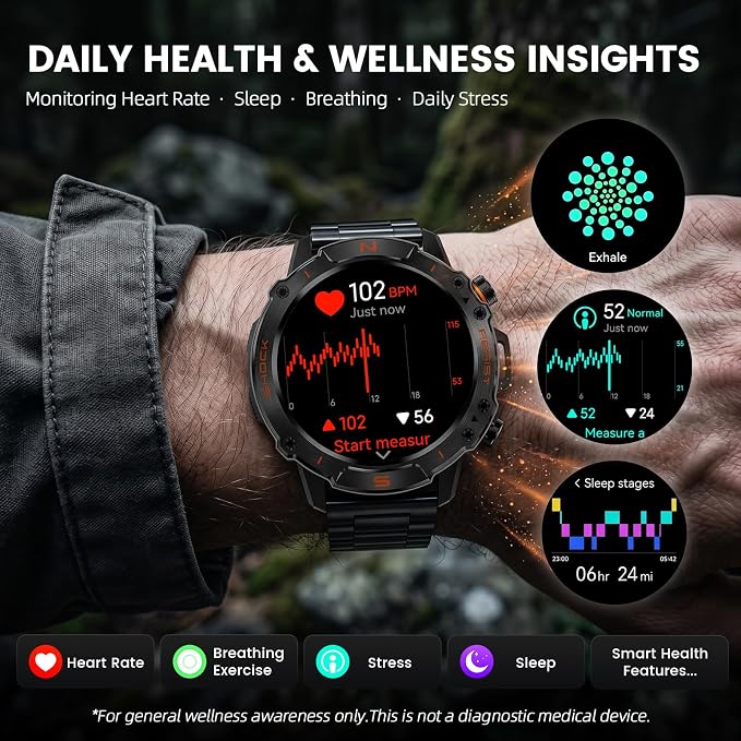 Rugged Smart Watch for Men, 5ATM Waterproof, 170+ Sports Modes, 1.43" AMOLED Round Health Fitness Tracker Watch, Tactical Military Smartwatch Compatible with iPhone Android, Stainless Steel Metal Band