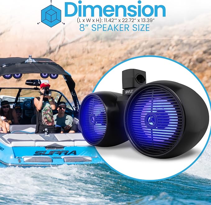 Pyle Dual Waterproof Off-Road Speakers - 8" 300W 2-Way Marine Wakeboard Tower Sound System w/LED Light, Full Range Outdoor Stereo Speaker for Car, ATV, UTV, Jeep, Boat, Includes Brackets (Black)