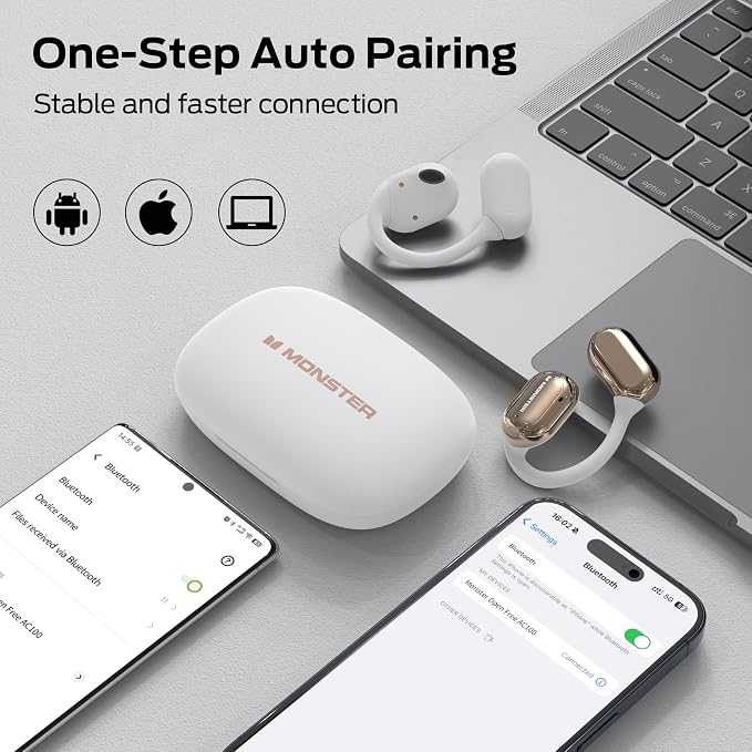 Monster Open Free AC100 Open Ear Bluetooth 5.3 Headphones, Wireless Earbuds with Earhooks, Immersive Stereo Sound by 16mm Large Driver, Clear Calls, 30H Playtime, Waterproof Sport Earbuds for Running
