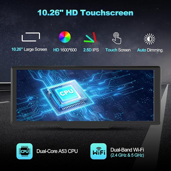 Portable Apple CarPlay Screen for Car, 10.26“ Wireless CarPlay & Android Auto Touch Screen Voice Control Navigation, 4K Dash Cam & 1080P Backup Camera DVR Recording Plug & Play for Car Truck