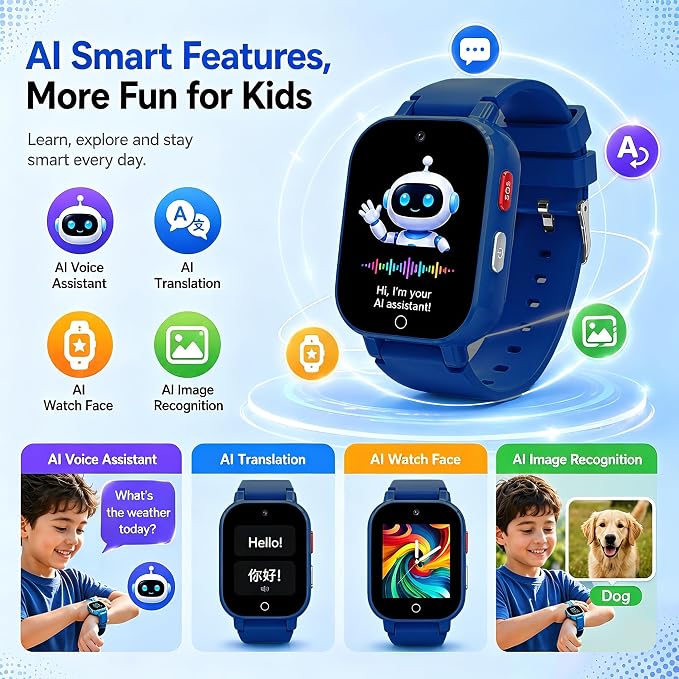 4G Kids Smart Watch with GPS Tracker, Video & Voice Call, SOS, WiFi, IP68 Waterproof, AI Smart Features, Parental Control Phone Watch for Boys Girls Age 4-12(SIM Card Included)