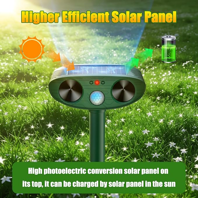 2026 Upgraded Solar Ultrasonic Animal Repellent Outdoor Deer Cat Repellent with Motion Sensor Flash Light, IP65 Waterproof Repeller Keep Rodent Squirrel Raccoon Opossum Skunk Out of Yard Farm