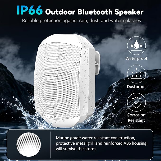 5.25 Inch Wall Mount Bluetooth 6.0 Outdoor Speaker,IP66 Waterproof Indoor/Outdoor Sound System,2-Way Woofer & Tweeter,600W Peak Wired Speakers for Pool,Patio,Garage,Home Theater(Pair,White)