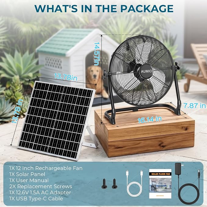 AUMIO 12" Solar Powered Floor Fan, Portable Rechargeable Battery Operated Solar Fan with 13200mAh & 1500 CFM Airflow, Cordless Camping Fan with USB Output, 4.5-27H Runtime for Power Outage, RV, Patio