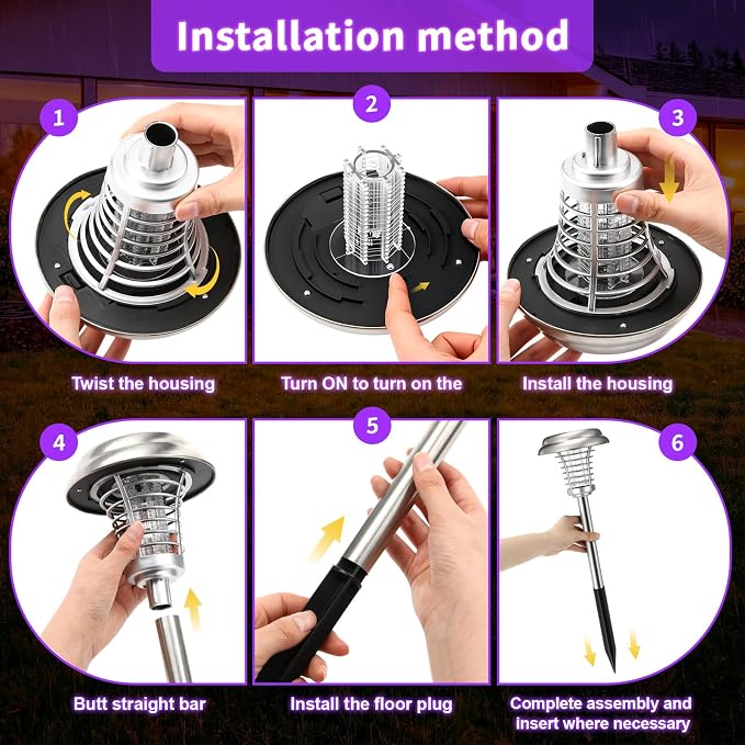 4 Pcs Solar Bug Zapper Outdoor Waterproof Mosquito Repellent Light Solar Power Fly Killer Lamps for Moths, Gnats, Fly, Small Flying Insect Backyard Garden Lawn (Stainless Steel,Purple & Warm Light)