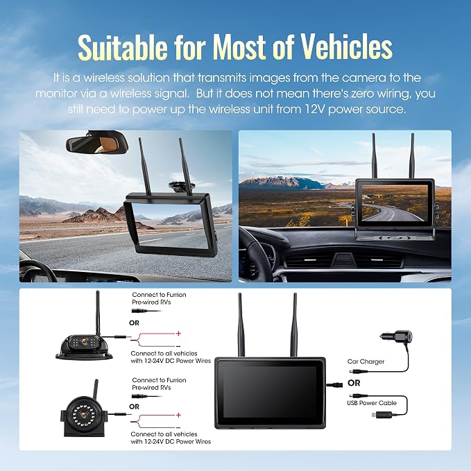 Wireless RV Backup Camera System 7" 1080P Touch Screen & 3 Cameras, Compatible with Furrion Pre-Wired Plug, DVR Monitor & Waterproof Night Vision Rear Side View Camera for Trailer Truck
