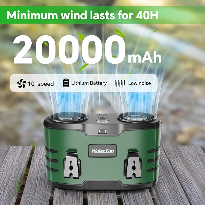 20000mAh Waist Fan for Men Women, Rechargeable Belt Fan With LED Light, Dual Motor Hands-Free, Wearable Personal Cooling Fan for Construction HVAC Roofer Warehouse Hiking Fishing Camping Jobsite