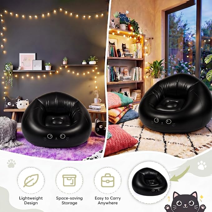 Capoda 2 Pcs Inflatable Bean Bag Chairs with Air Pump - Black Cat Blow up Beach Chairs Folding Portable PVC Lazy Sofa Inflatable Seatings for Adults Gaming Camping Movie Party Supplies