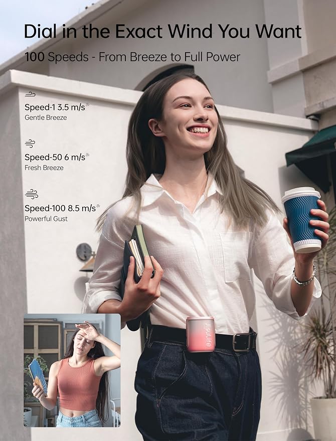 JISULIFE Portable Neck Fan, 100 Speed 40000RPM Cooling, Mini Personal Handheld Wearable Waist Fan, 16H 4500mAh Battery with LED Display, Lightweight in Outdoor, Travel, Jobsite Gifts (Pink)