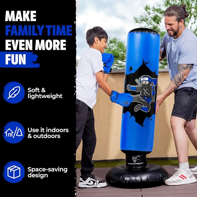 THB Punching Bag for Kids - Inflatable Punching Bag with Boxing Gloves for Kids Age 3-8, 63” Ninja Boxing Bag with Electric Air Pump to Practice Taekwondo, Karate, MMA, Bouncing Back
