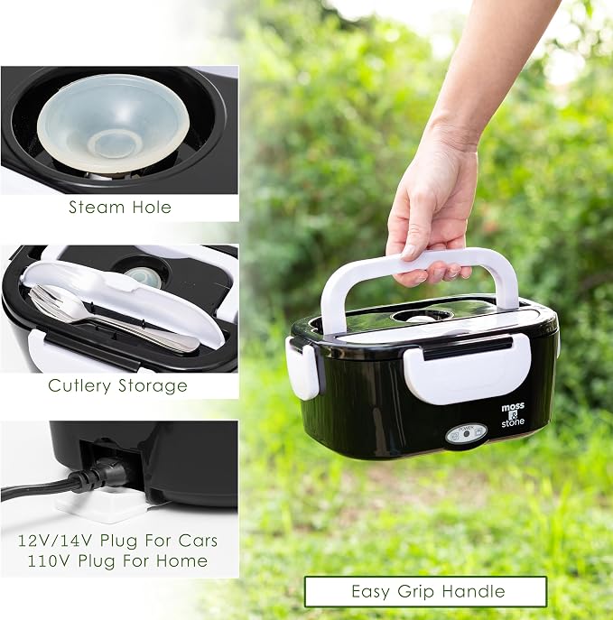 Moss & Stone Electric Lunch Box Food Heater for Adults Black & White Food Warmer Lunch Box, 12/24/110v Lunch Box Warmer Portable For Work/Car/Truck, Fork & Spoon & 1.5L Removable S.S Container