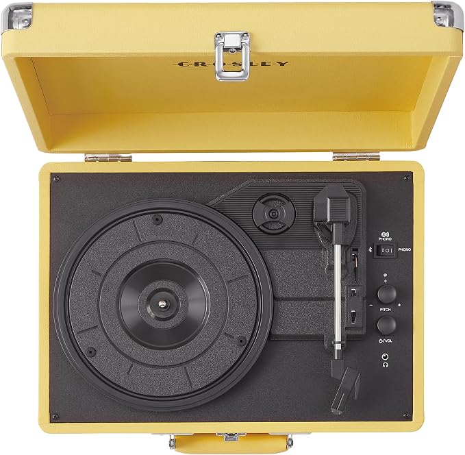 Crosley CR8005F-LY Cruiser Plus Vintage 3-Speed Bluetooth in/Out Suitcase Vinyl Record Player Turntable with Built-in Speakers, Lemon Yellow