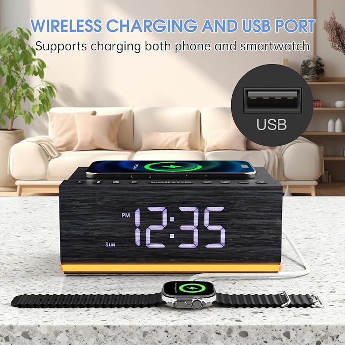 Hoifen Wooden Digital Alarm Clock with Wireless Charging, Bluetooth Speaker & FM Radio, Dual Alarms, Night Light, Dimmable Display, USB Port, 9-Min Snooze – Bedside Clock Home Decor Gift (Black)