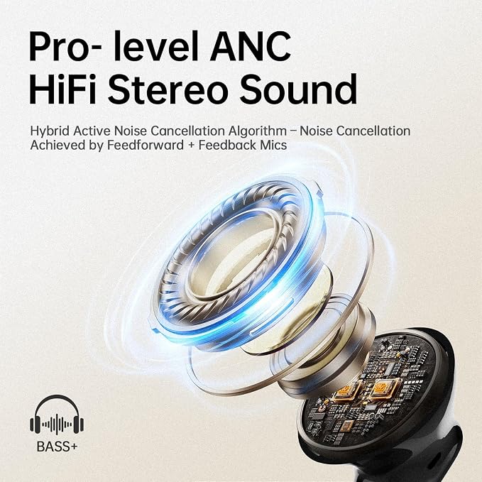 Adaptive Hybrid Active Noise Canceling 2026 Wireless Earbuds, 6 Mics ENC Clear Call Ear Buds, Hi-Res Audio Deep Bass Bluetooth 5.4 Headphones, 40H Playtime, LED, for Sports Running Gym Workout, Black
